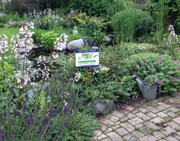 yard flower garden with sign for homegrown national park